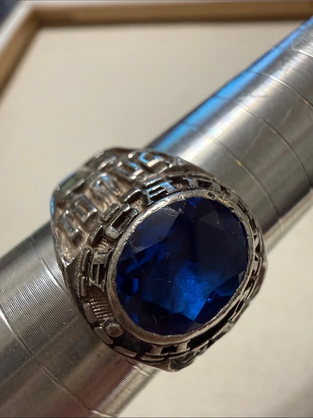 Sterling Silver Men's School Ring size 9.75 W/Deep Blue Oval Stone